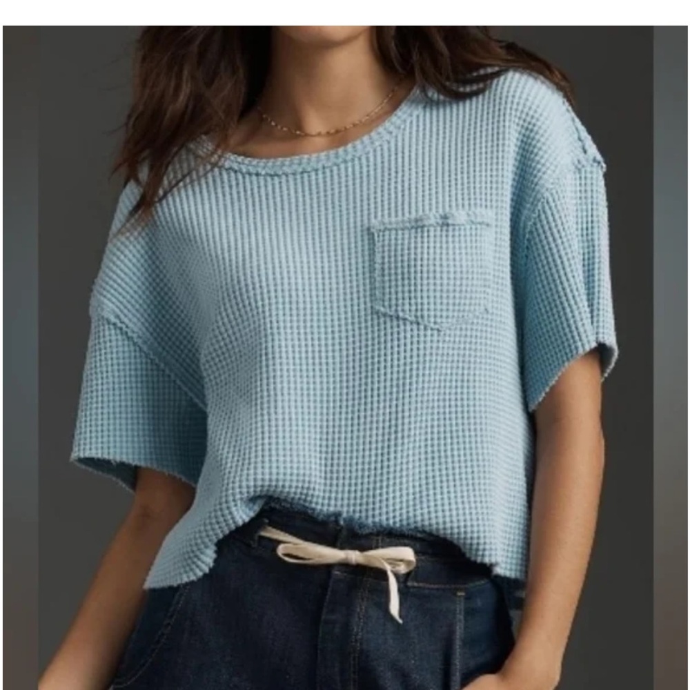 Anthropologie Pilcro Small Light Blue Waffle Knit Oversized Crop Tee NWT